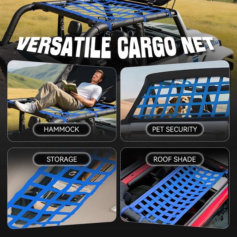 BARTOO Mesh Cargo Net Roof Top Netting Hammock Compatible with Jeep Wrangler YJ TJ JK JKU JL JLU 1987-2024 & Gladiator JT Accessories, Blue - Image 4